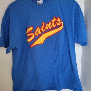 Vintage Blue T Tee Shirt SAINTS Yellow Red Raised Spell Out 3D Made in USA Hanes